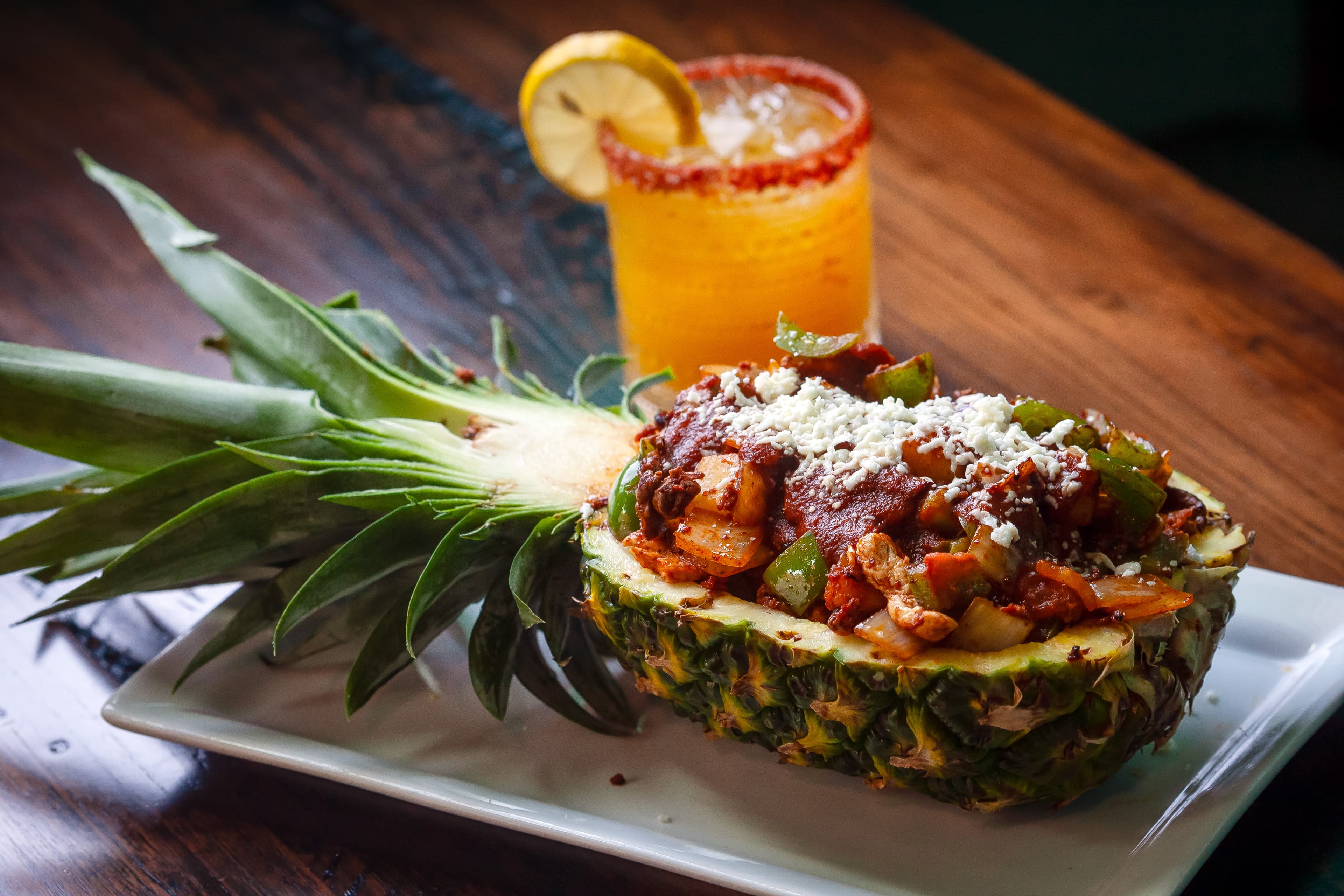 Fajitas Tropical served in a pineapple