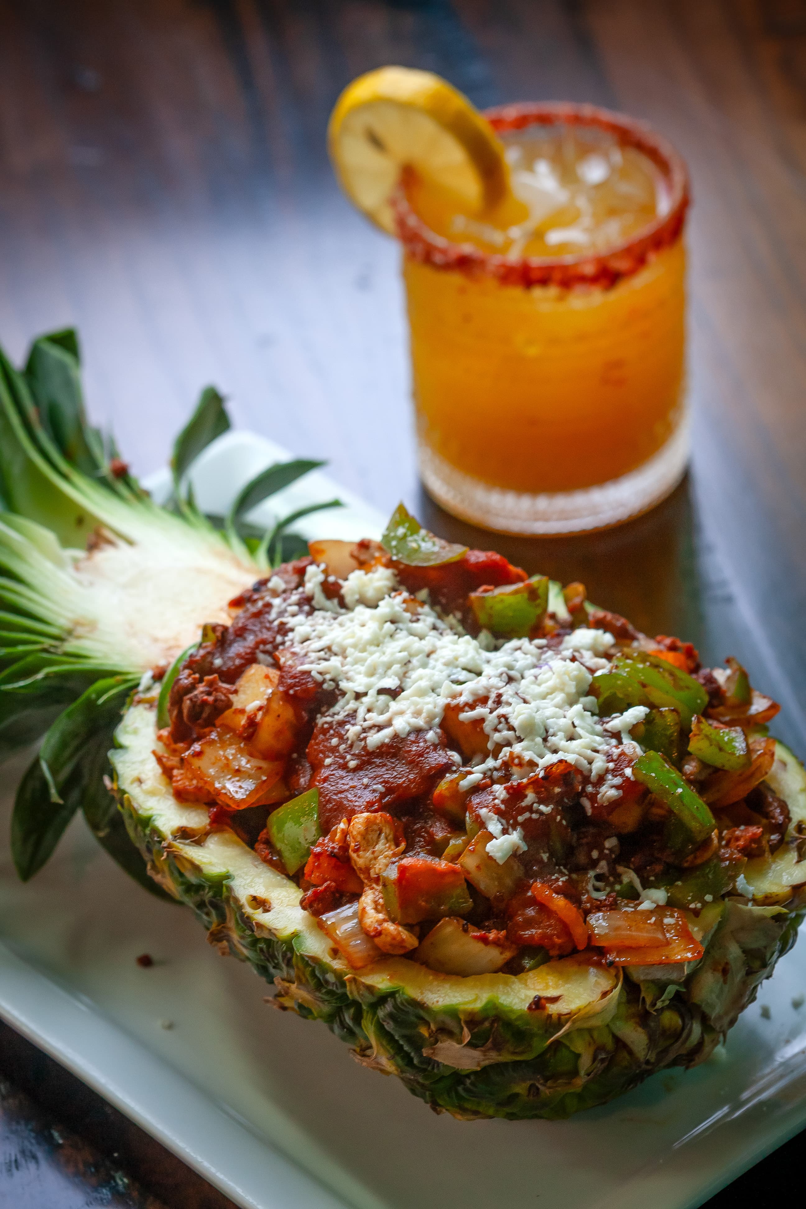 Fajitas Tropical served in a pineapple