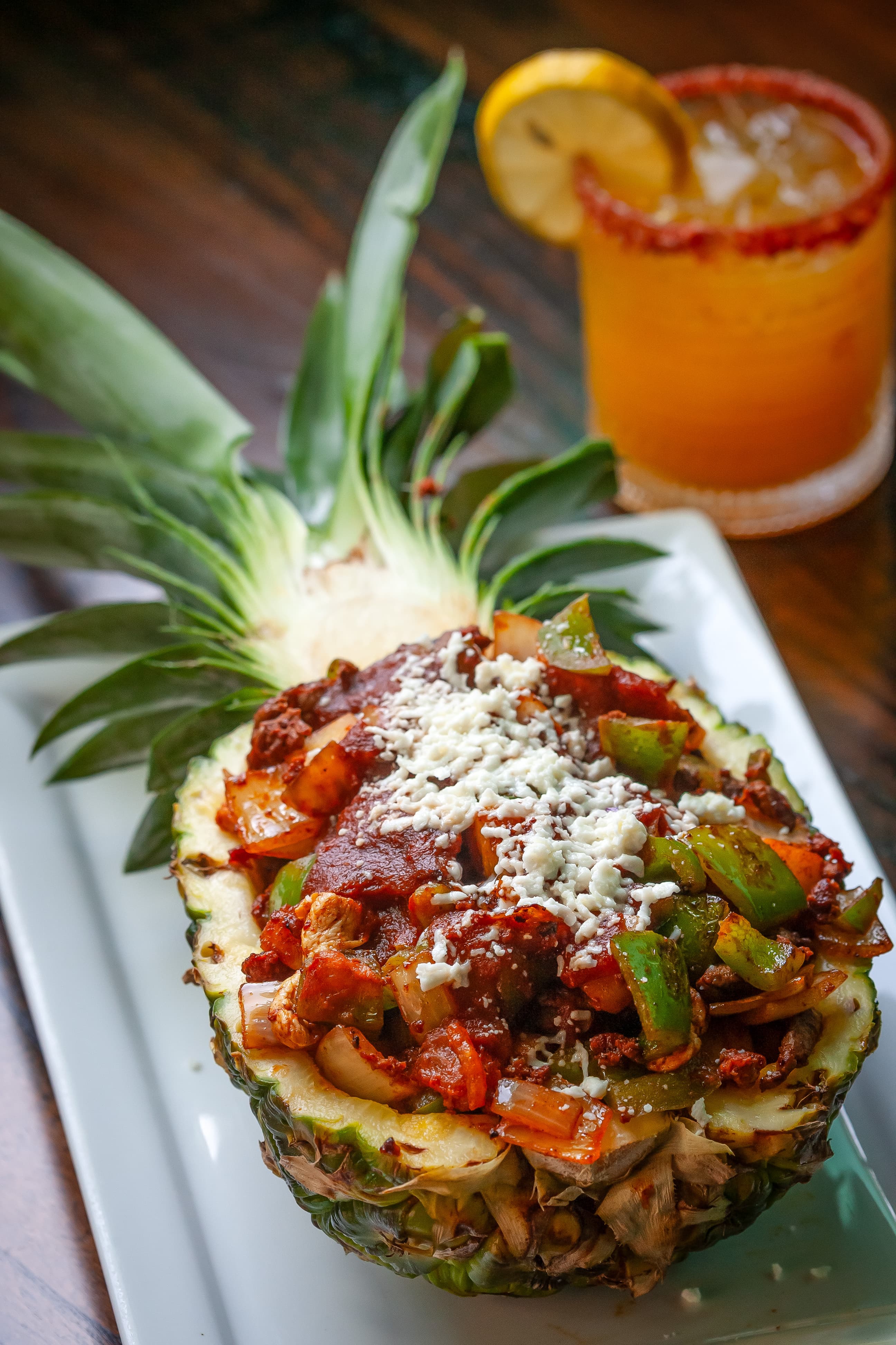Fajitas Tropical served in a pineapple
