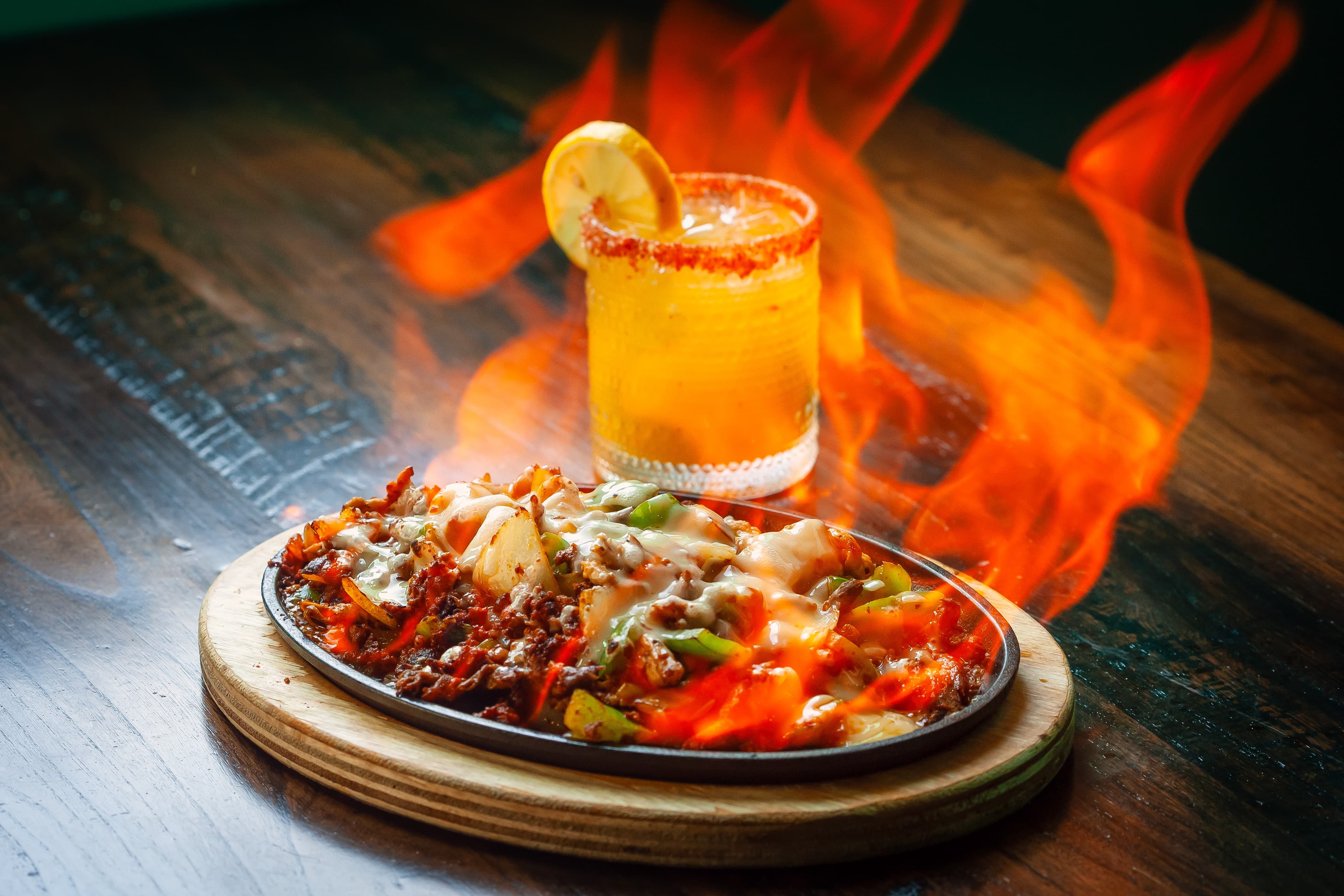 Caldera Fajitas flaming skillet