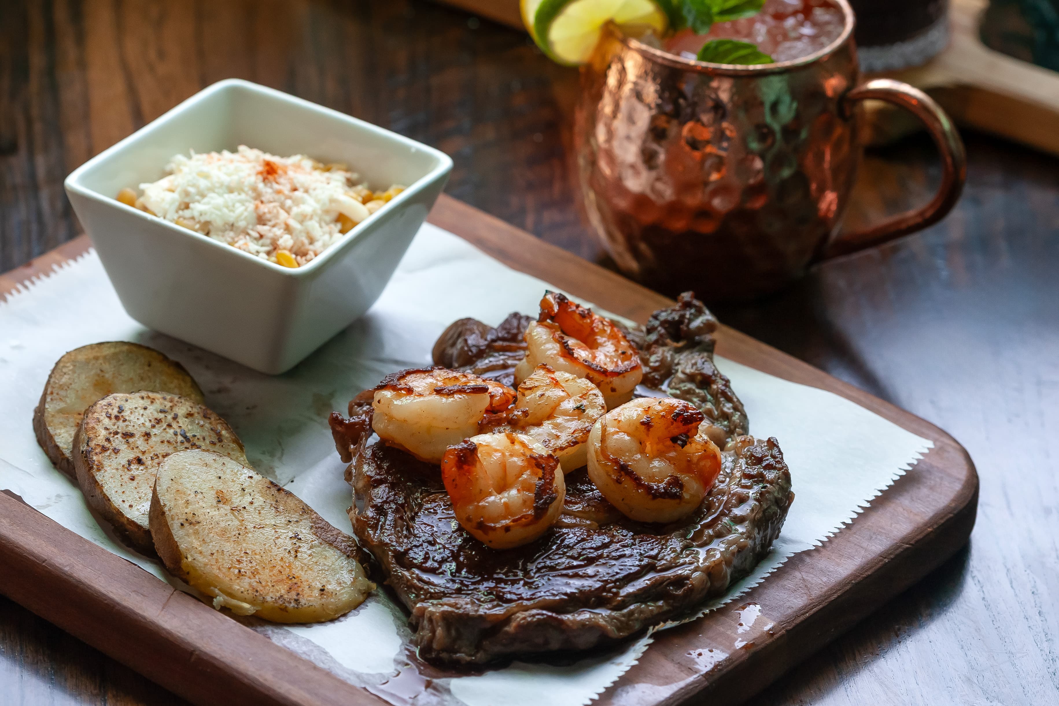 Caldera Ribeye Steak with shrimp