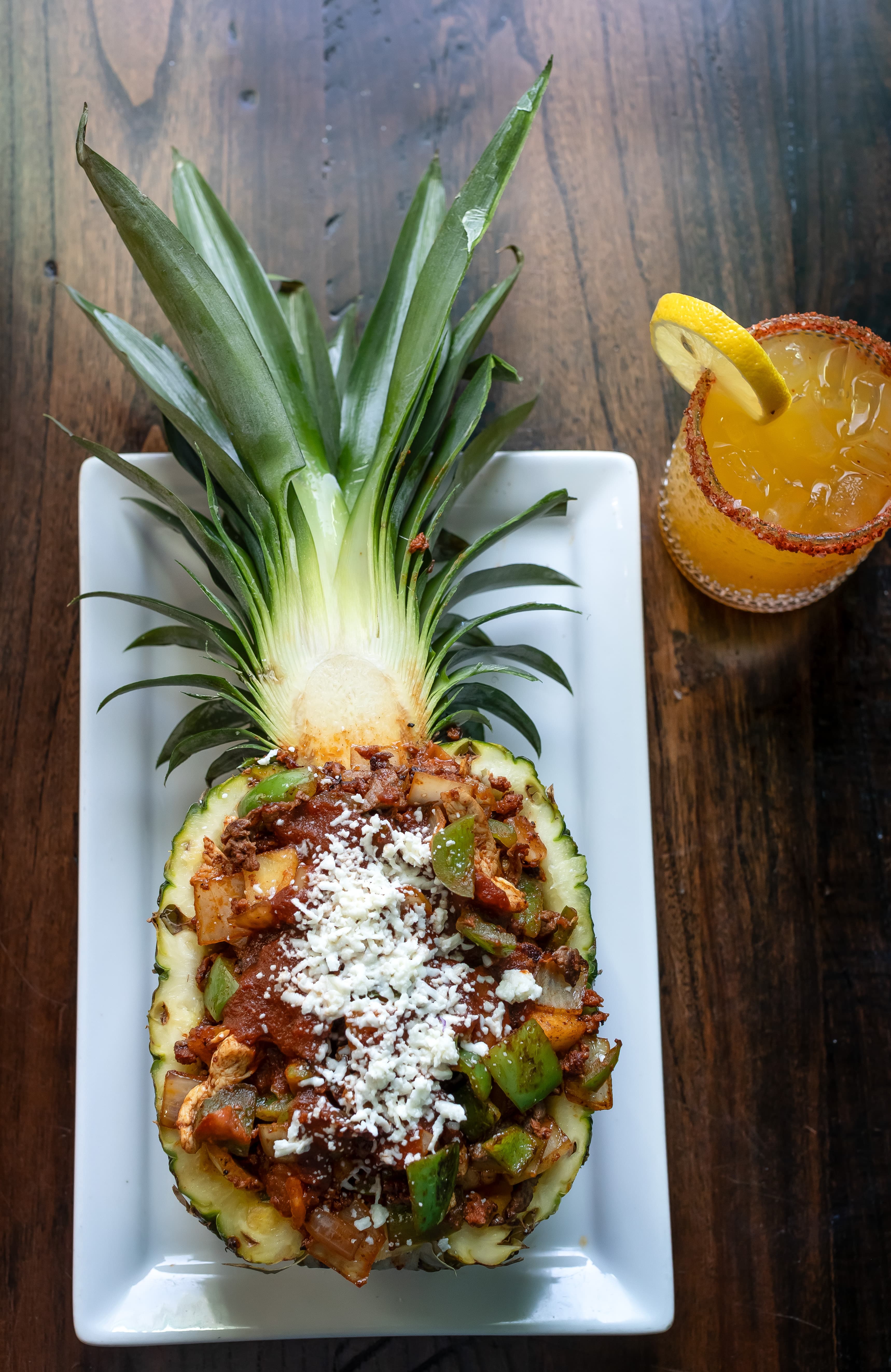 Fajitas Tropical served in a pineapple