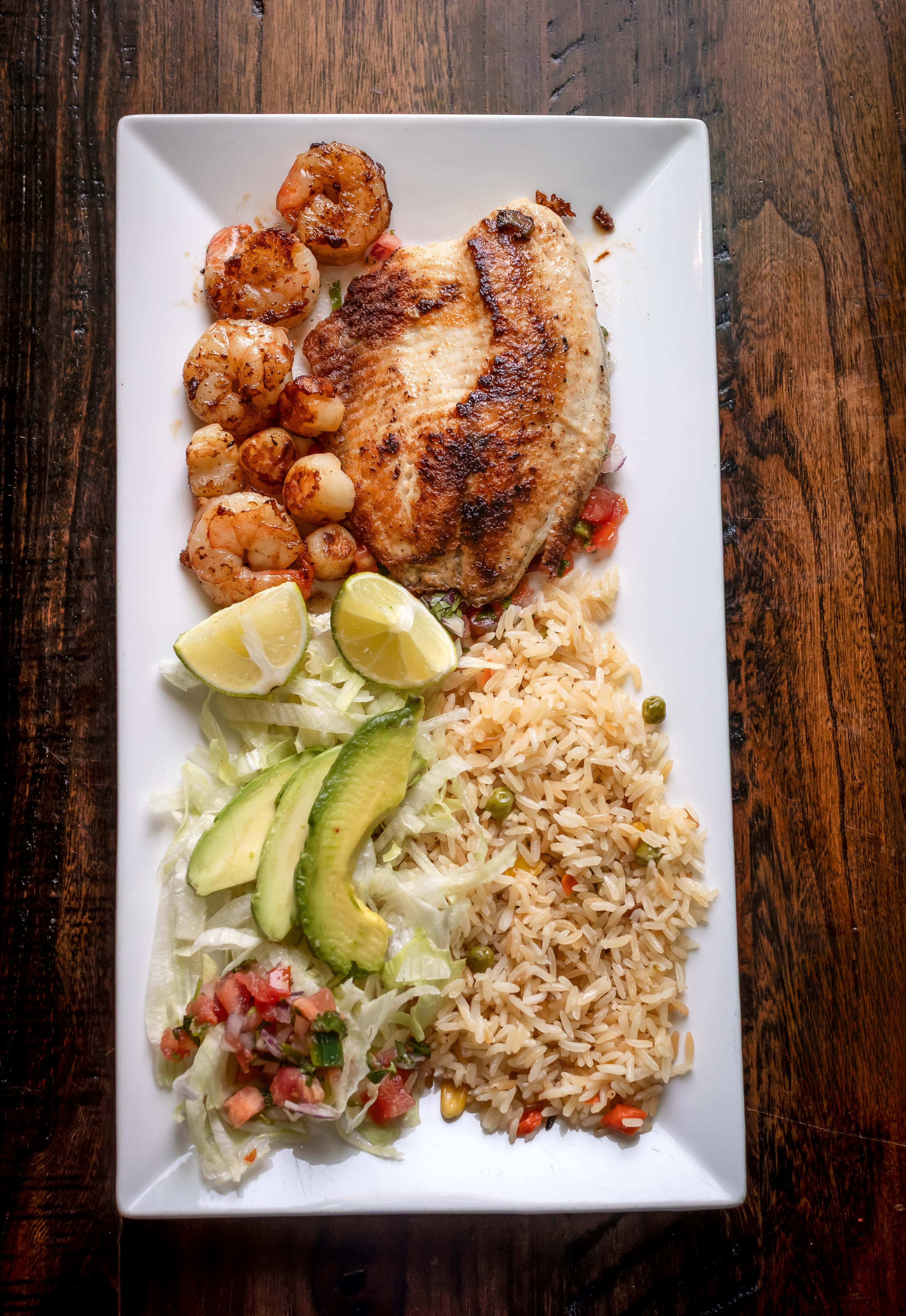 Chacahua tilapia, scallops, and shrimp plate